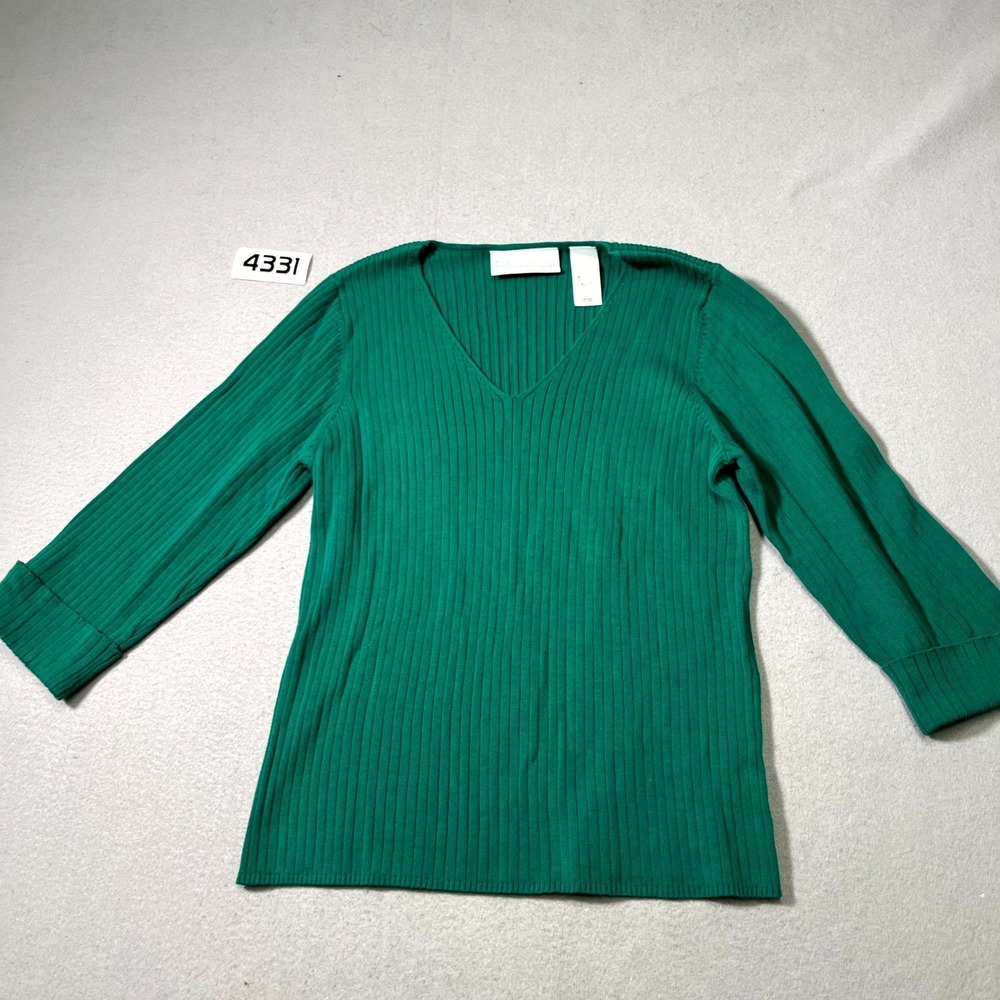 First Issue Liz Claiborne Sweater Womens Large Green Cotton Ribbed V Neck Winter